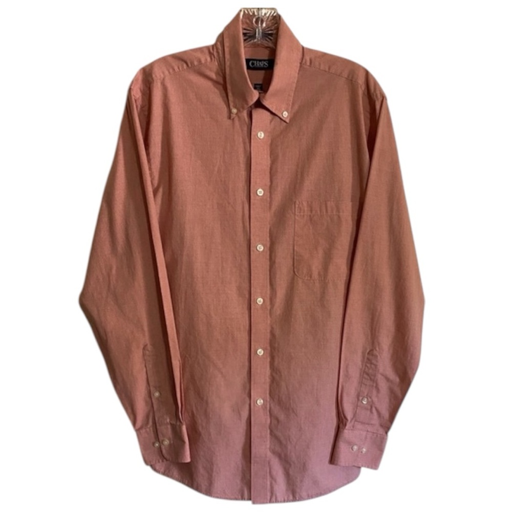 CHAPS Classic Fit Shirt Men's Sz 15 1/2 34/35 Coral/Salmon Gingham Preppy Office